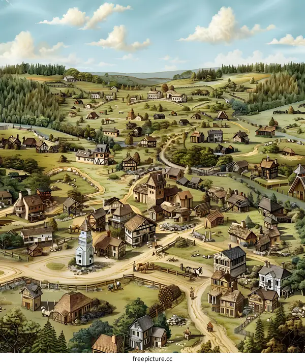 Aerial View of a Medieval Village