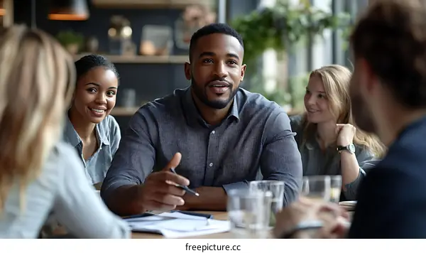 Business Meeting in Cafe Diverse Group Discussion