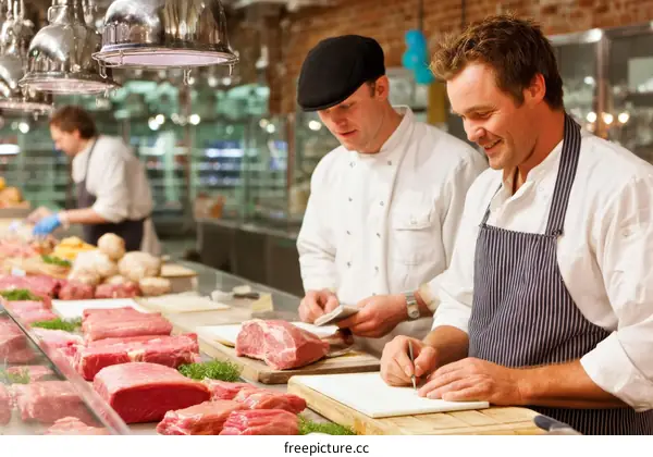 Two Caucasian Chefs Working in a Butcher Shop