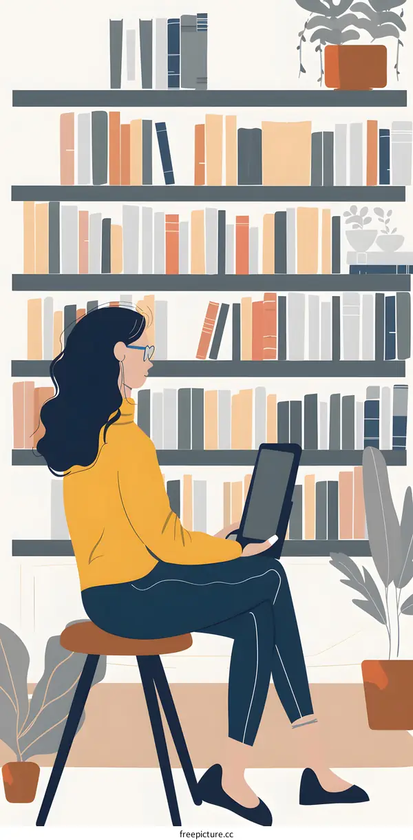 Woman with Bookshelf Illustration