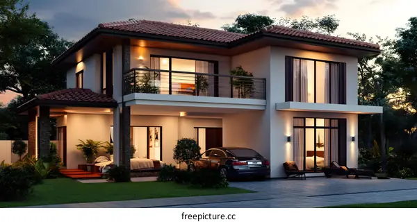 Modern Two Story Home Exterior Design With Balcony And Car