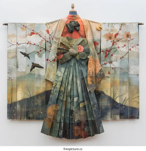 A kimono with a floral pattern and a large bow at the waist