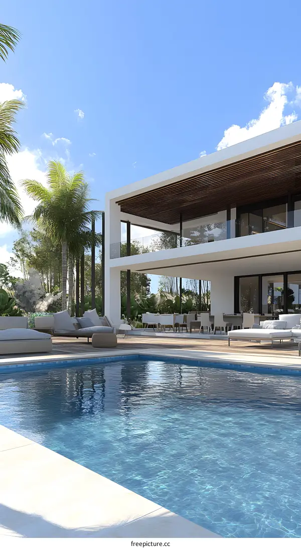 Modern Villa with Swimming Pool and Tropical Plants