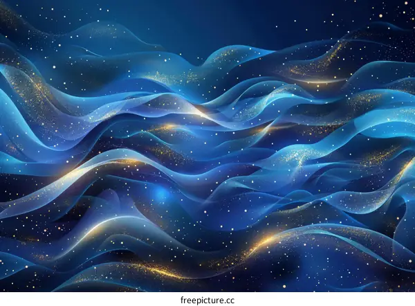 Golden waves and shining stardust intertwine on a deep blue background
