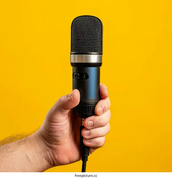 A hand holding a black microphone against a yellow background