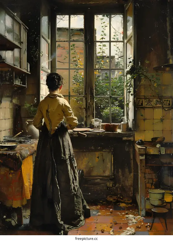 A woman standing in a kitchen looking out the window