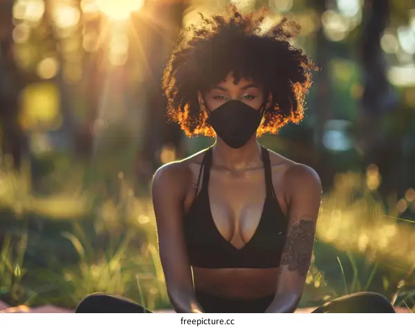 Young African-American woman wearing a black mask outdoors