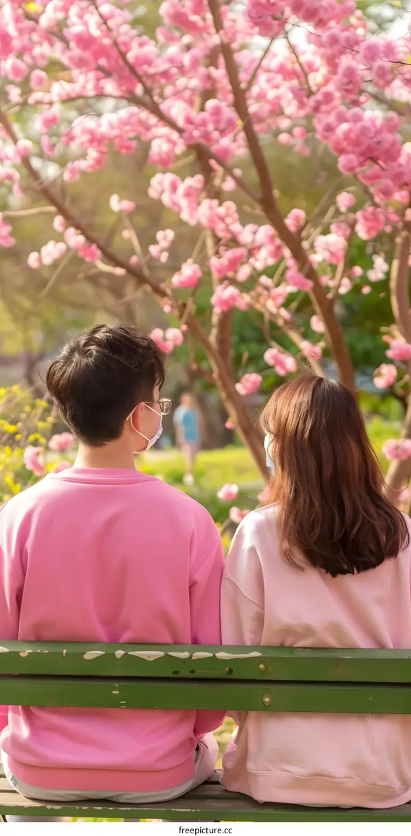 Couple Sitting on a Bench in a Garden with Pink Flowers