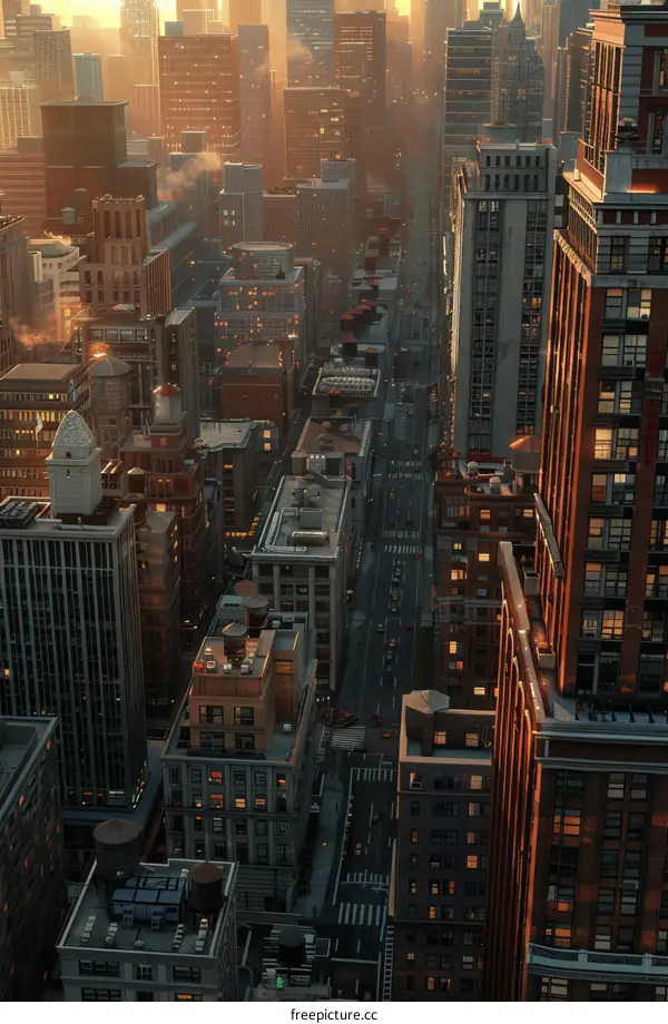 A bustling metropolis with towering skyscrapers and busy city streets