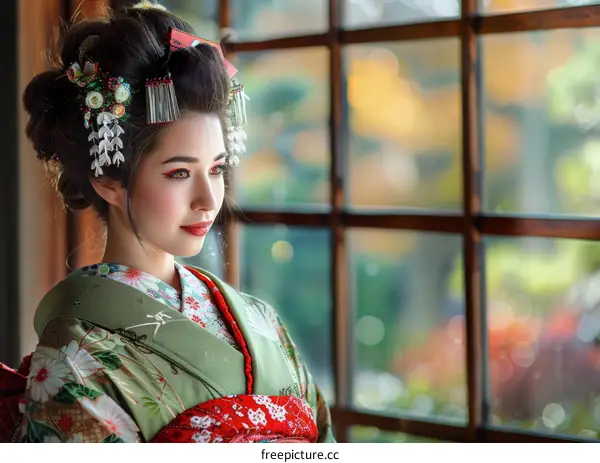 Japanese Woman in Traditional Kimono Looking Out Window