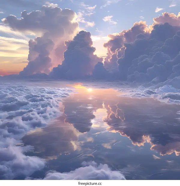 The Spectacular Sea of Clouds and Sunrise Reflected on the Calm Water Surface