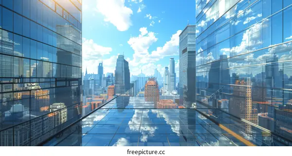 The glass curtain wall of the urban high-rise building reflects the blue sky and white clouds