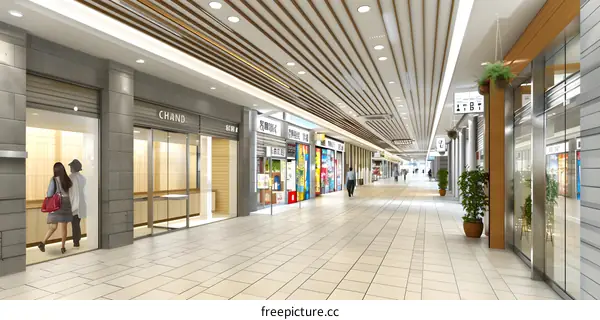 Modern Shopping Mall Interior with Tile Floor and Glass Storefronts