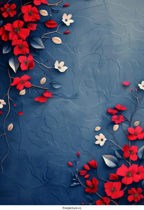 Vivid Red and White Blossom on a Dark Blue Background