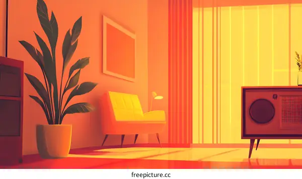 Modern Living Room Illustration with Yellow Sofa and Plant