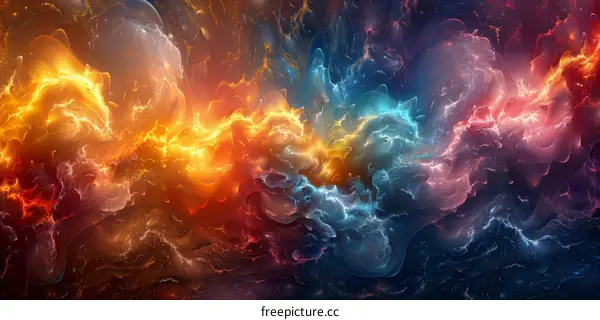Colorful abstract painting with vibrant swirls of blue, orange and red