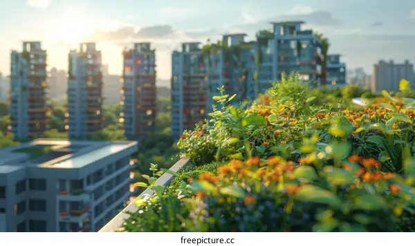 Green roof in the sunset with a beautiful view of the city