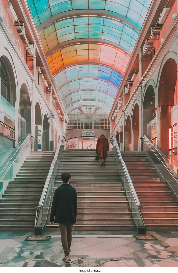 Staircase in a Modern Shopping Mall with Colorful Glass Roof