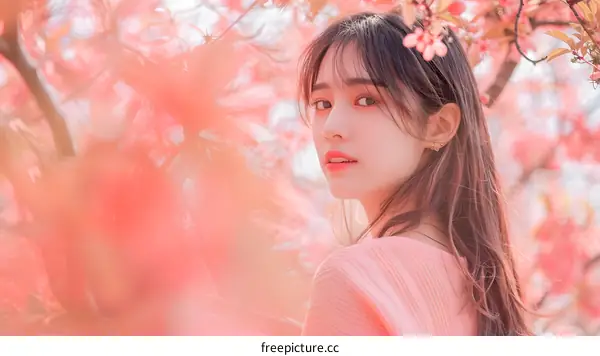 Beautiful Asian Woman in Pink Sweater Posing in Front of Pink Flowers