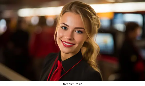 Portrait of a smiling young woman with blonde hair wearing a red tie