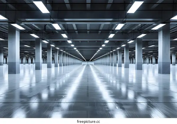 Empty Parking Garage with Rows of Concrete Pillars and Bright Lights