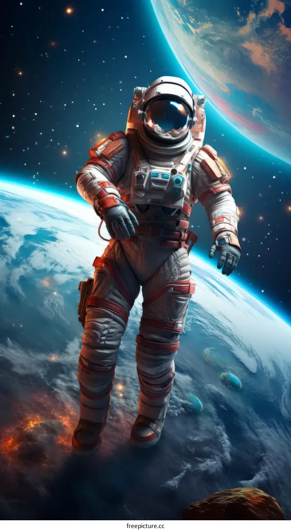 Astronaut in Space with Flag on Spacesuit and Planets in Background