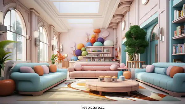 A surreal living room with colorful furniture and decorations