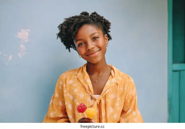 Smiling Girl Holding Lollipops Against a Light Blue Wall