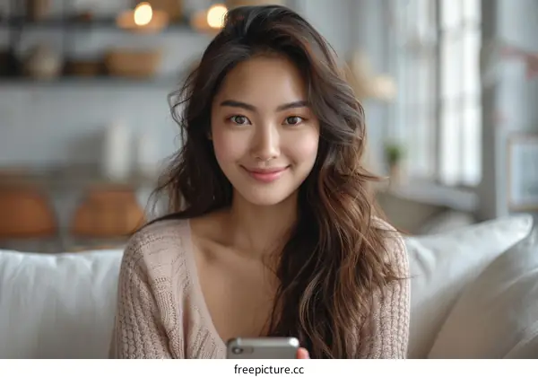 Asian woman smiling while holding her phone