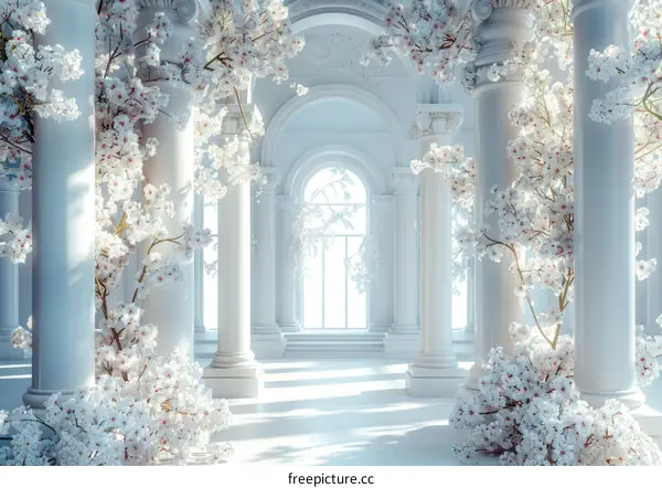 Elegant White Hall Decorated with Cherry Blossoms