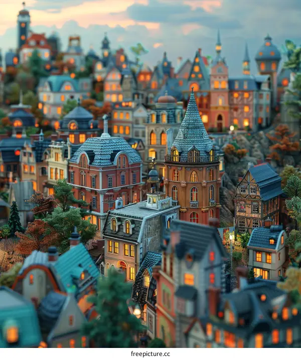 Miniature European Cityscape at Twilight