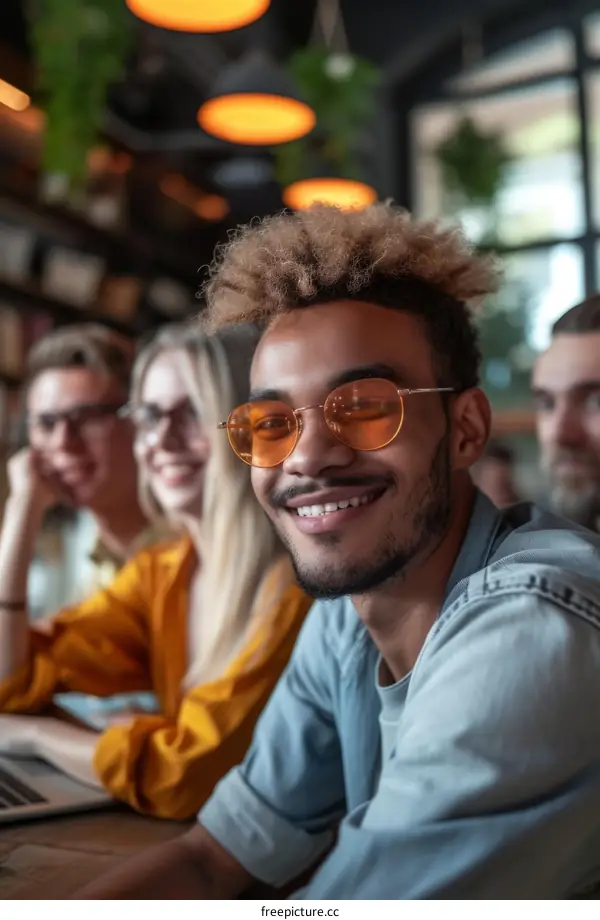 portrait of a young man with an afro hairstyle smiling wearing sunglasses with a group of friends in the background