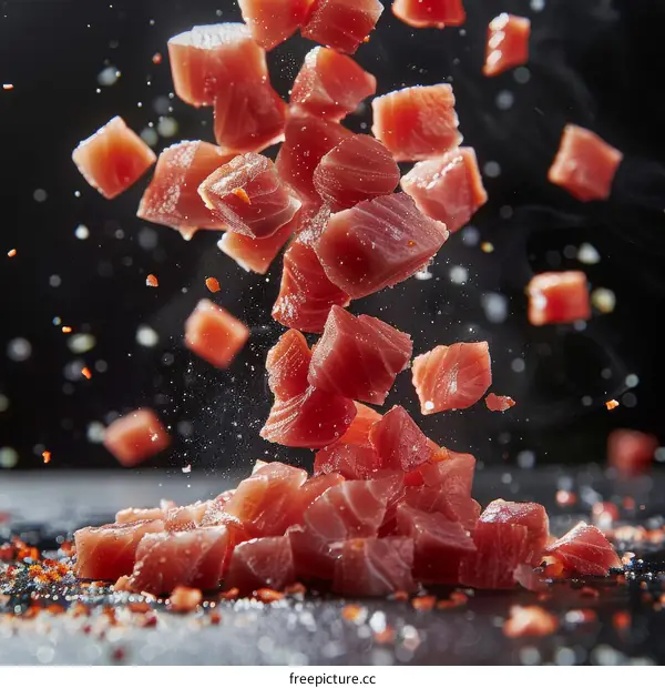 Raw tuna chunks falling with spices