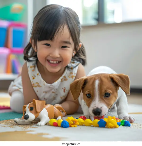 Asian toddler girl playing with a puppy