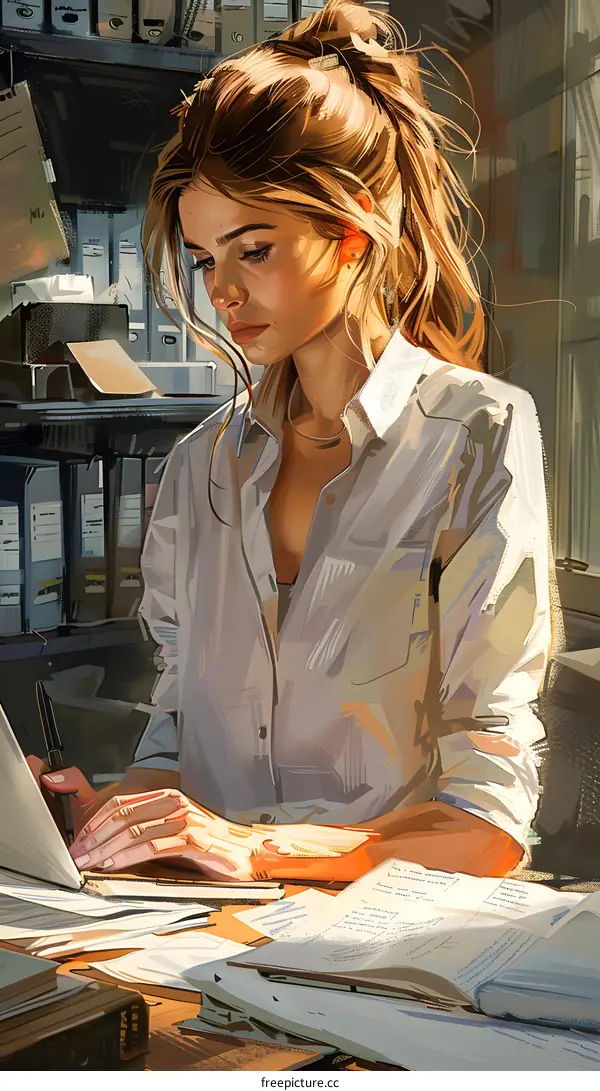 Focused Woman Working at Desk in Sunlight