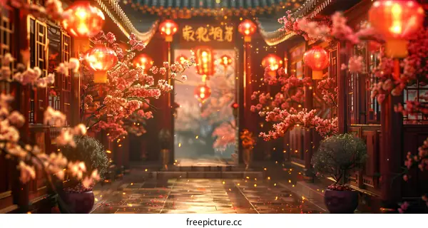 Street decorated with red lanterns and cherry blossoms