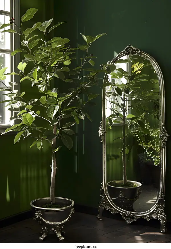Green Plant In Pot Beside Ornate Mirror Against Green Wall