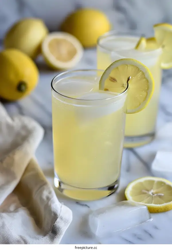 Refreshing Lemon Drink with Ice and Lemon Slices