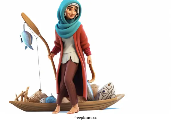 A fisherwoman standing in a boat and holding a fishing rod