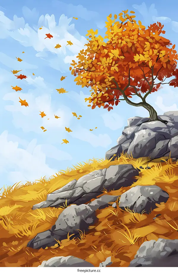 Autumn Tree and Falling Leaves Digital Painting