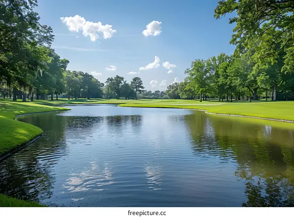 Fairway with water hazard and green in distance