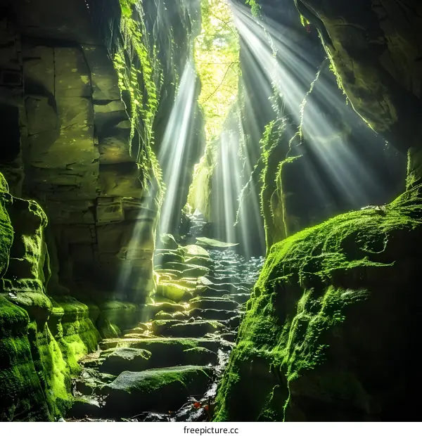 Sunbeams Shining Through Cave Entrance