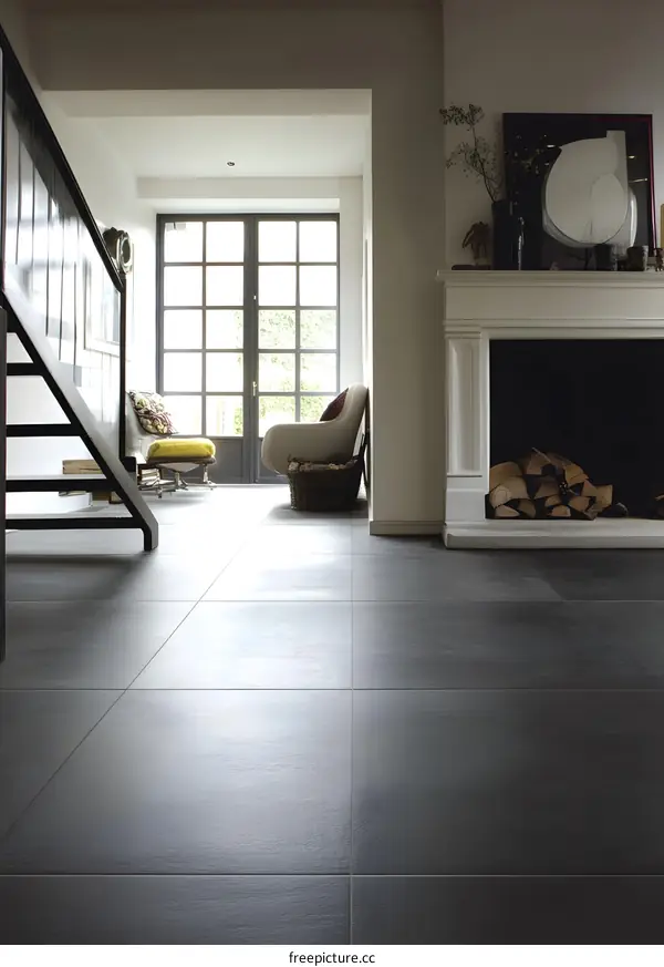 Modern Minimalist Home Interior Design With Grey Floor Tiles And A White Fireplace