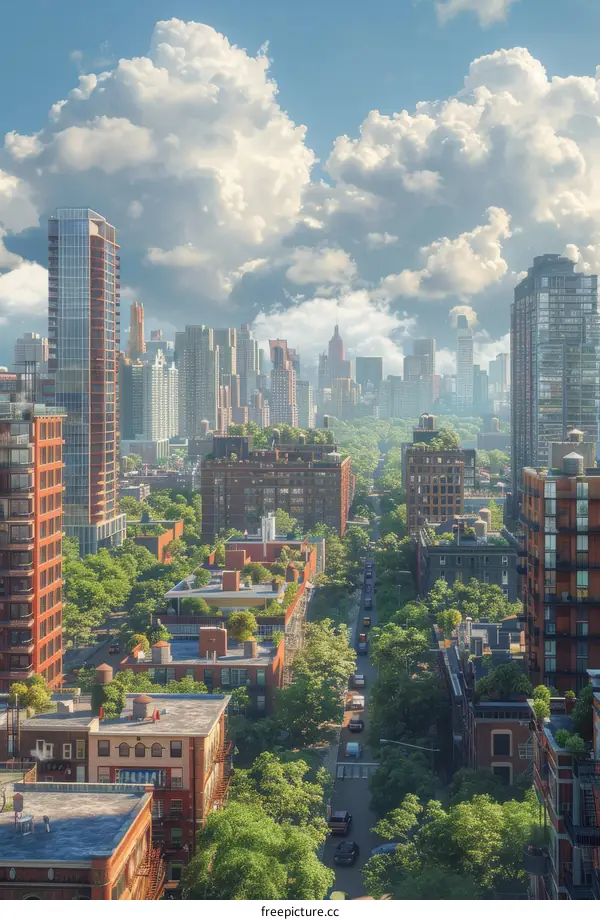 Aerial View of City Buildings and Green Trees