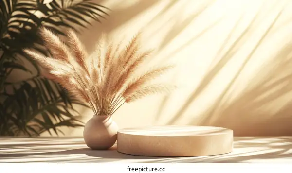 Beige Display Podium with Dried Pampas Grass