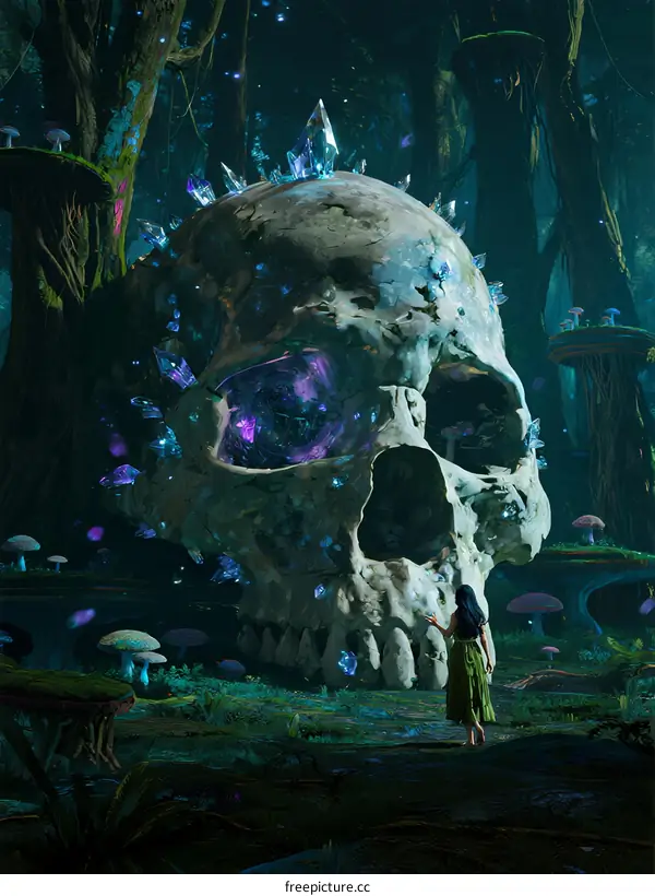 Mysterious forest scene with a large crystal - covered skull and a person standing nearby