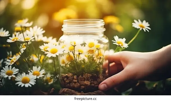 Little hand holding a jar full of daisies