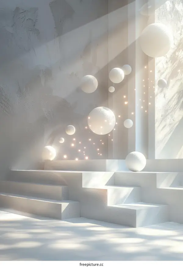 Minimalist White Spheres in Modern Art Gallery