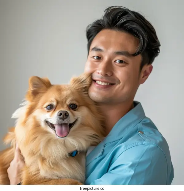 Asian man smiling with his dog