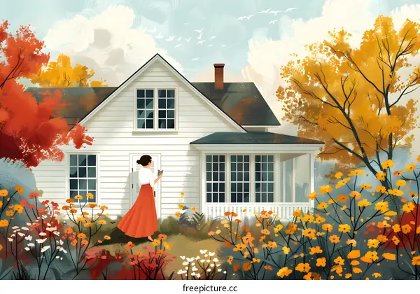 A woman standing in front of a house reading a book